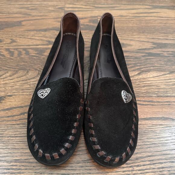 Brighton Shoes - Brighton Memoir Black Suede Loafer Chocolate Whipstitching Silver Heart Size 8 M